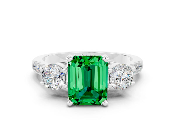 White gold Three-Stone Emerald Cut Emerald Pavé Band with Four-Prong Setting