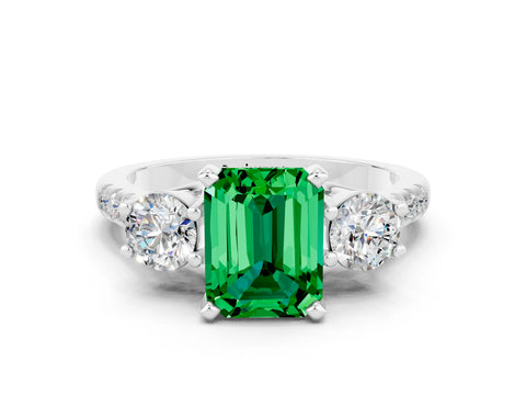 White gold Three-Stone Emerald Cut Emerald Pavé Band with Four-Prong Setting