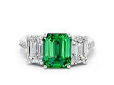 White gold Three-Stone Emerald Cut Emerald Ring with Pavé Band and Prong Setting_12