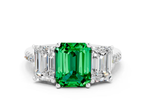White gold Three-Stone Emerald Cut Emerald Ring with Round  Pavé Band and Prong Setting