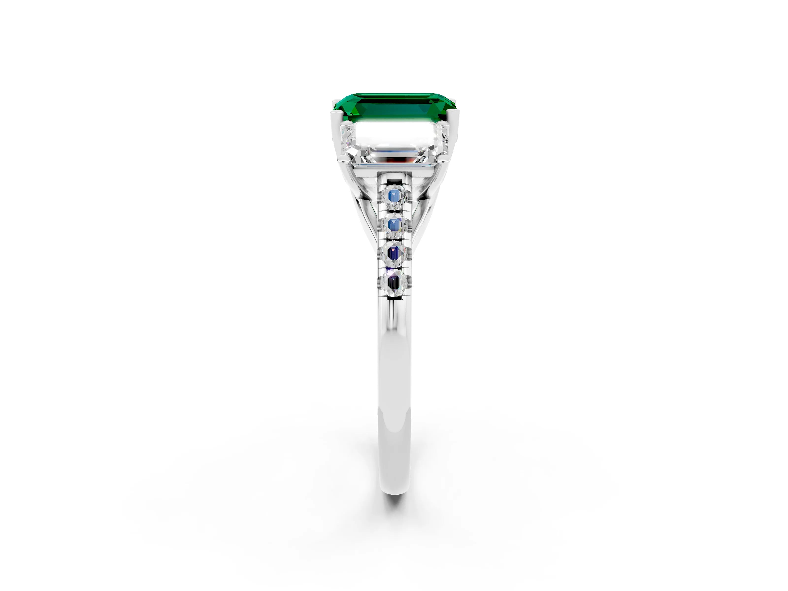 White gold Three-Stone Emerald Cut Emerald Ring with Pavé Band and Prong Setting_14