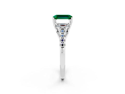 White gold Three-Stone Emerald Cut Emerald Ring with Pavé Band and Prong Setting_14
