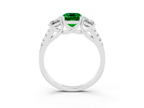 White gold Three-Stone Emerald Cut Emerald Ring with Pavé Band and Prong Setting_15