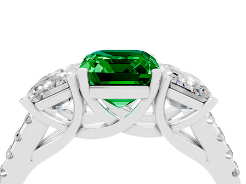 White gold Three-Stone Emerald Cut Emerald Ring with Pavé Band and Prong Setting_16