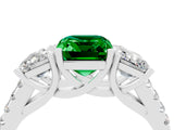 White gold Three-Stone Emerald Cut Emerald Ring with Pavé Band and Prong Setting_16