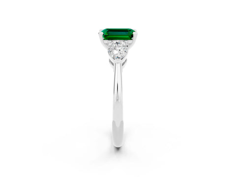White gold Three-Stone Emerald Cut Emerald Ring with Pear Side Stones and Four-Prong Setting_2