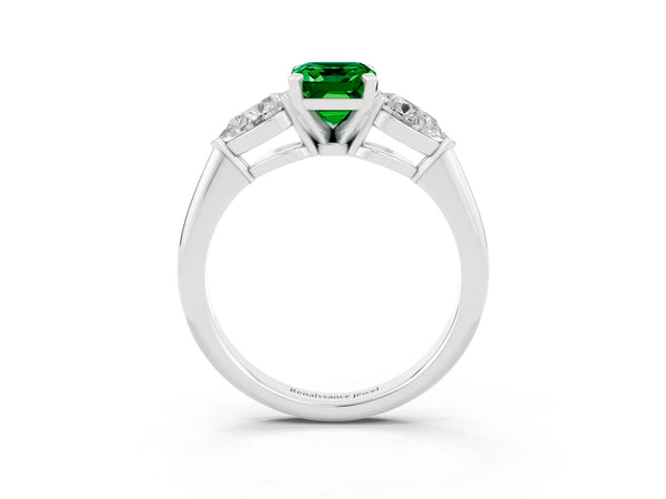 White gold Three-Stone Emerald Cut Emerald Ring with Pear Side Stones and Four-Prong Setting