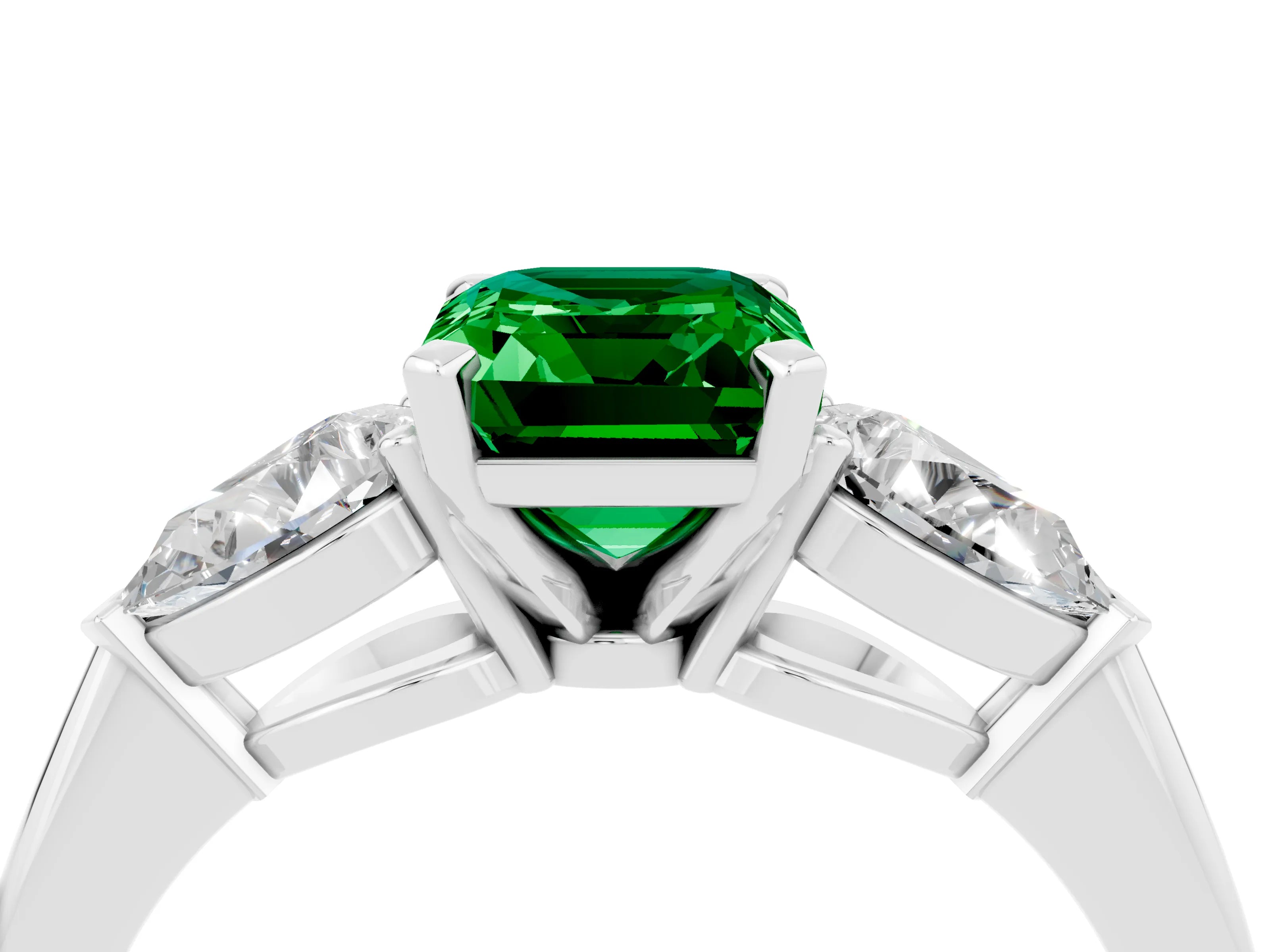White gold Three-Stone Emerald Cut Emerald Ring with Pear Side Stones and Four-Prong Setting_4