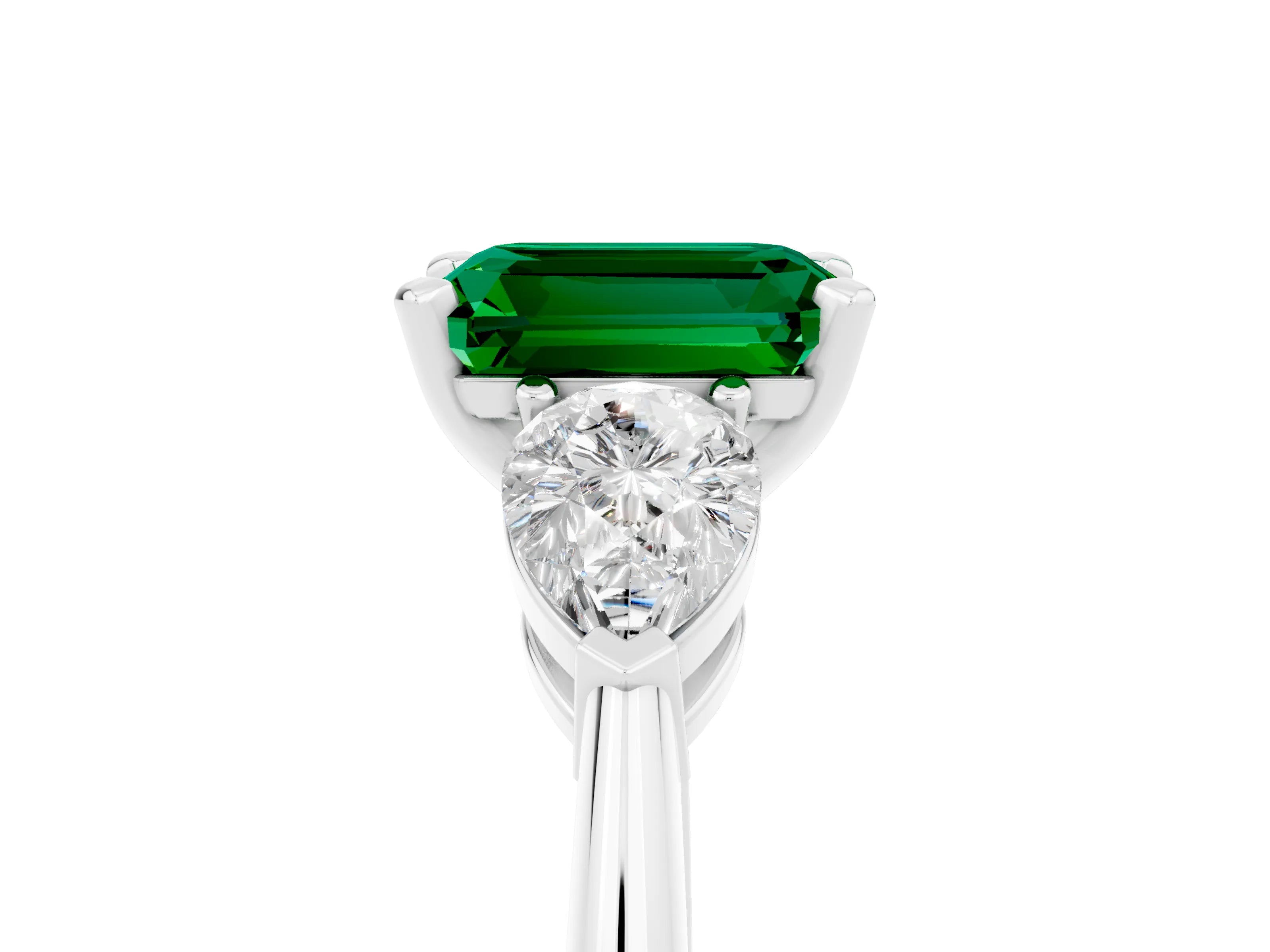 White gold Three-Stone Emerald Cut Emerald Ring with Pear Side Stones and Four-Prong Setting_5