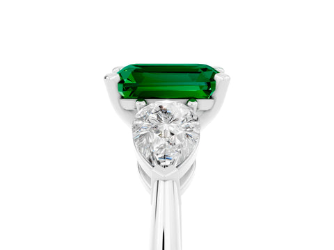 White gold Three-Stone Emerald Cut Emerald Ring with Pear Side Stones and Four-Prong Setting_5