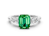White gold Three-Stone Emerald Cut Emerald Ring with Pear  Side Stones in Four-Prong Setting_12