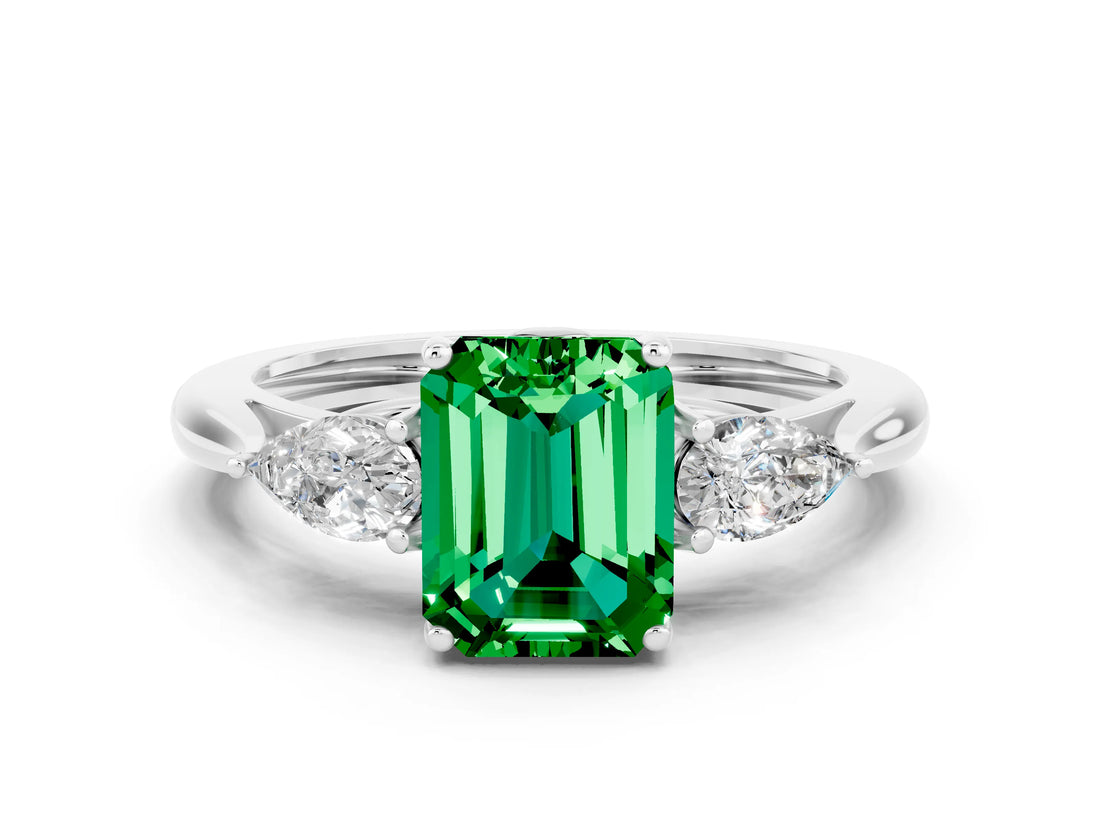White gold Three-Stone Emerald Cut Emerald Ring with Pear  Side Stones in Four-Prong Setting_12