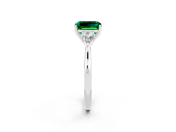 Silver Three-Stone Emerald Cut Emerald Ring with Pear  Side Stones in Four-Prong Setting