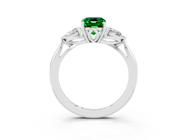White gold Three-Stone Emerald Cut Emerald Ring with Pear  Side Stones in Four-Prong Setting