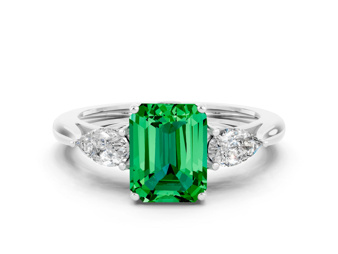 White gold Three-Stone Emerald Cut Emerald Ring with Pear  Side Stones in Four-Prong Setting_48
