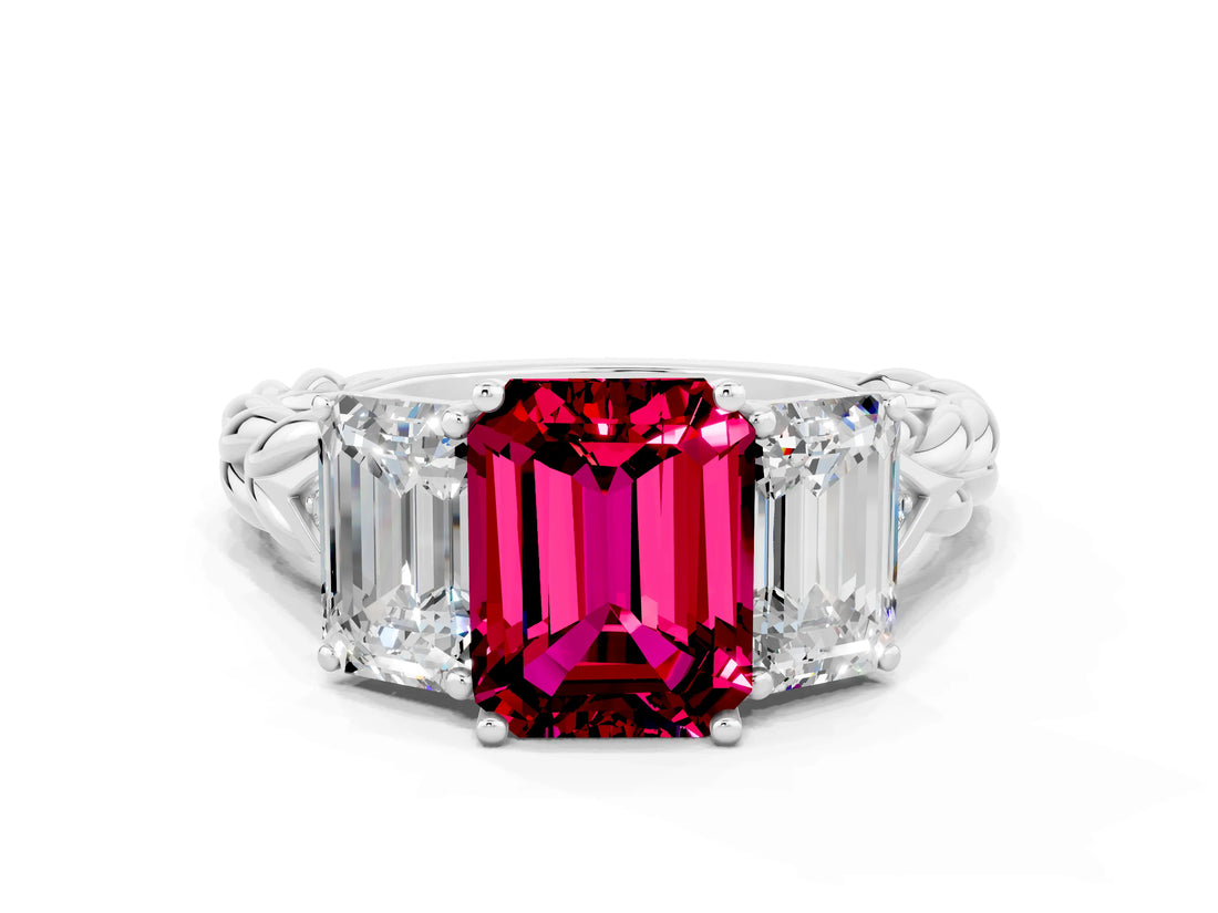 White gold Three-Stone Emerald Cut Garnet Braided Band Ring with Four-Prong Setting_36