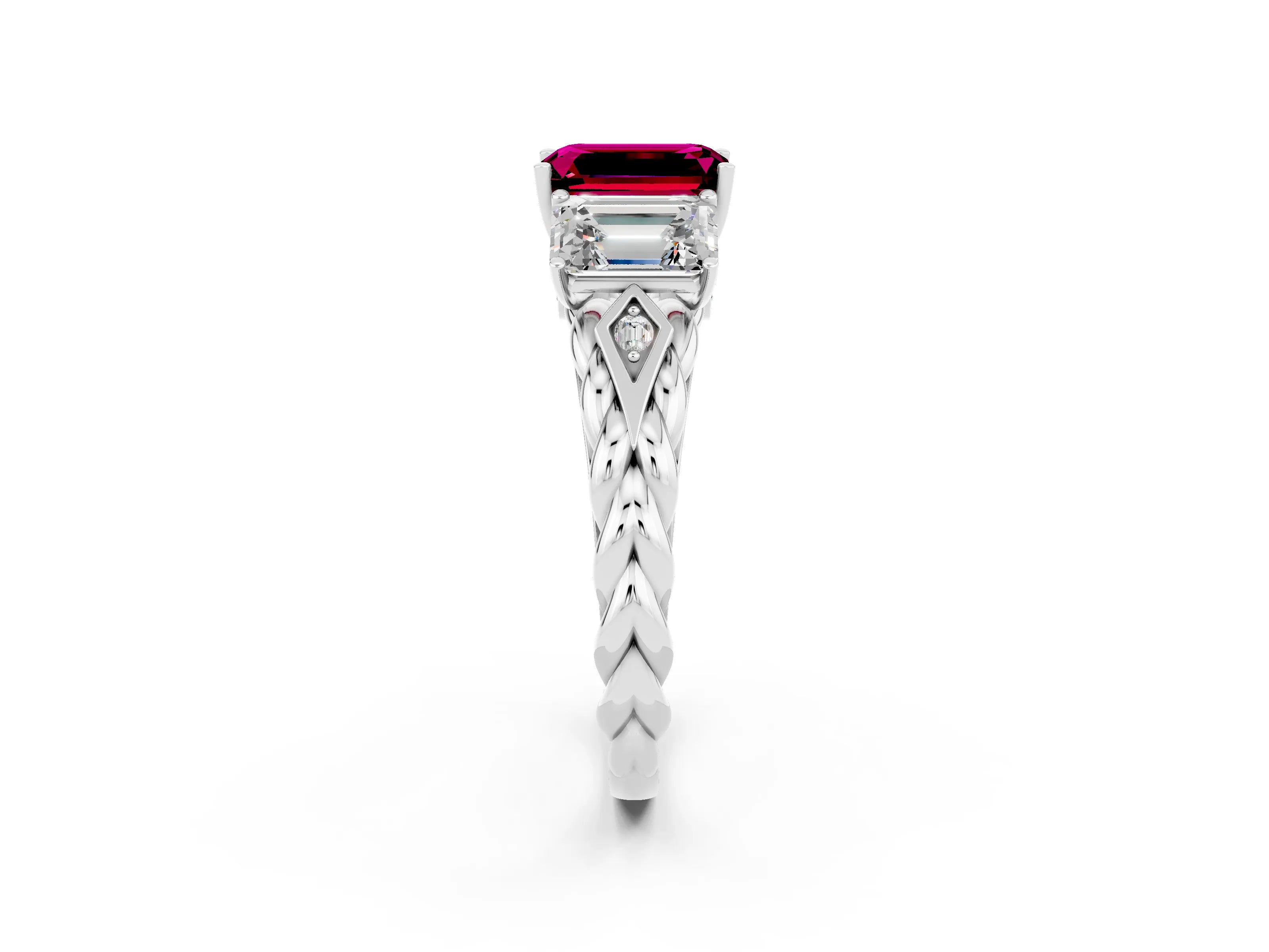 White gold Three-Stone Emerald Cut Garnet Braided Band Ring with Four-Prong Setting_38