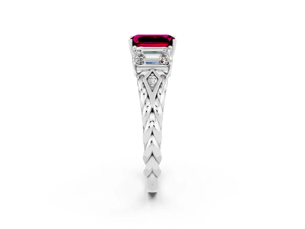 White gold Three-Stone Emerald Cut Garnet Braided Band Ring with Four-Prong Setting