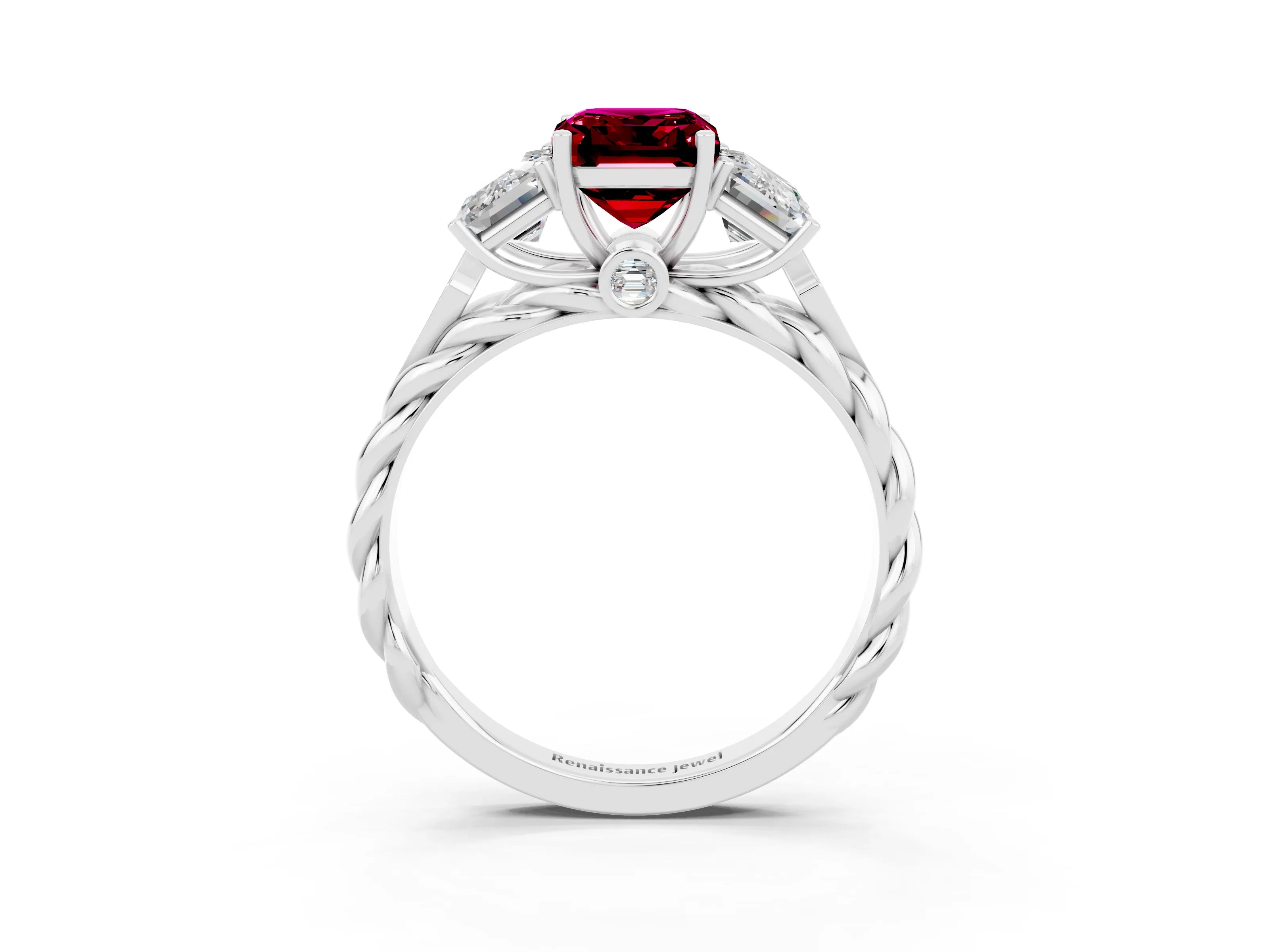 White gold Three-Stone Emerald Cut Garnet Braided Band Ring with Four-Prong Setting_39