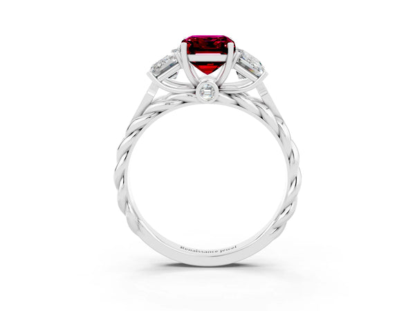 Silver Three-Stone Emerald Cut Garnet Braided Band Ring with Four-Prong Setting