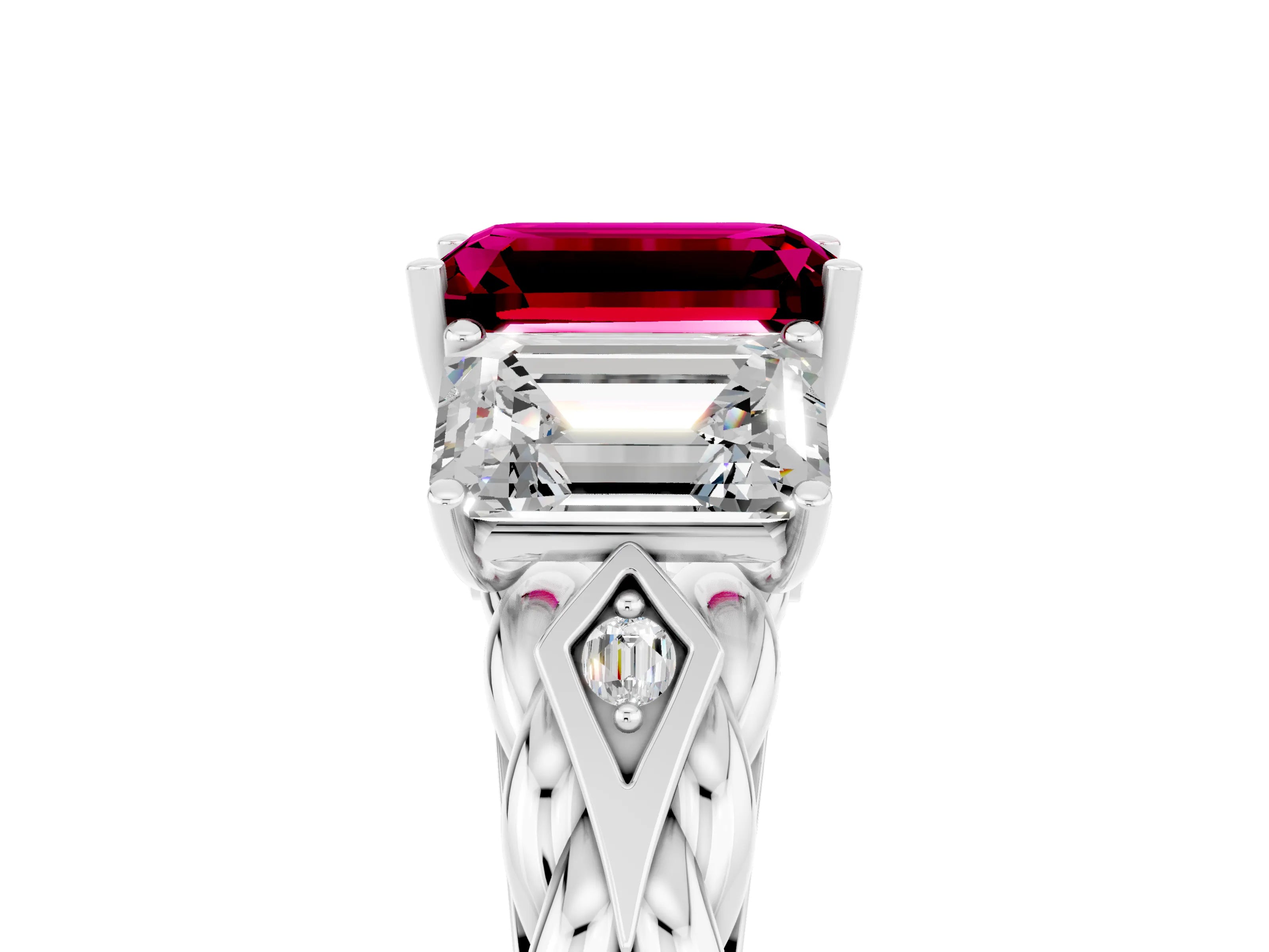 White gold Three-Stone Emerald Cut Garnet Braided Band Ring with Four-Prong Setting_41