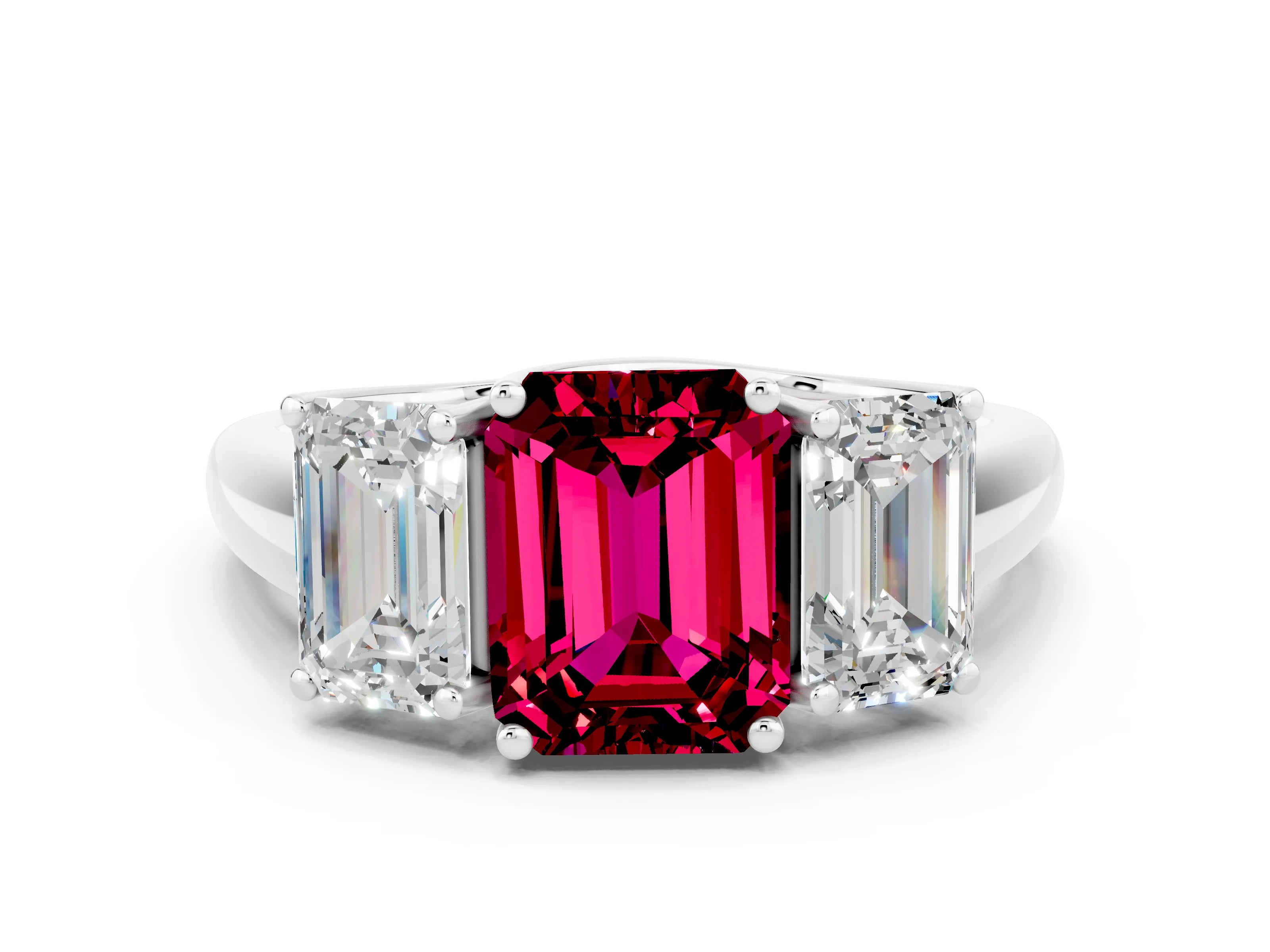 White gold Three-Stone Emerald Cut Garnet Engagement Ring with Prong Setting
