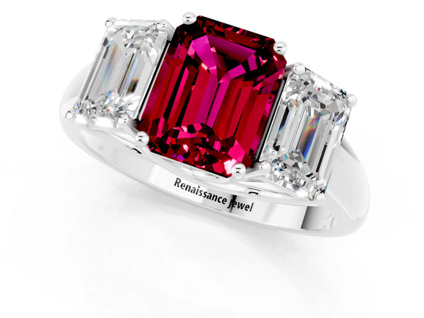 Platinum Three-Stone Emerald Cut Garnet Engagement Ring with Prong Setting