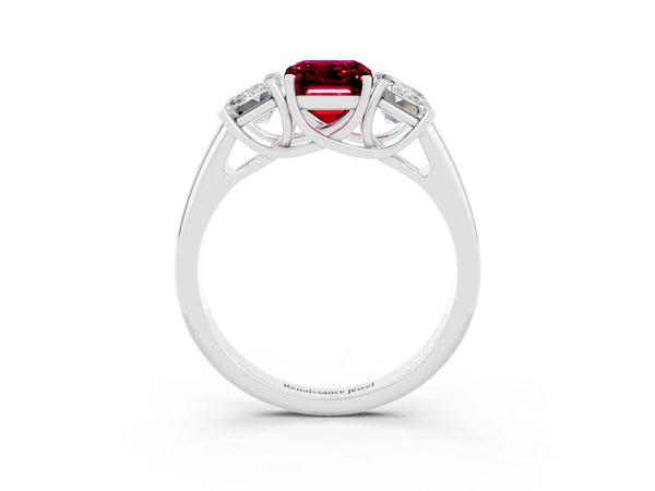 White gold Three-Stone Emerald Cut Garnet Engagement Ring with Prong Setting