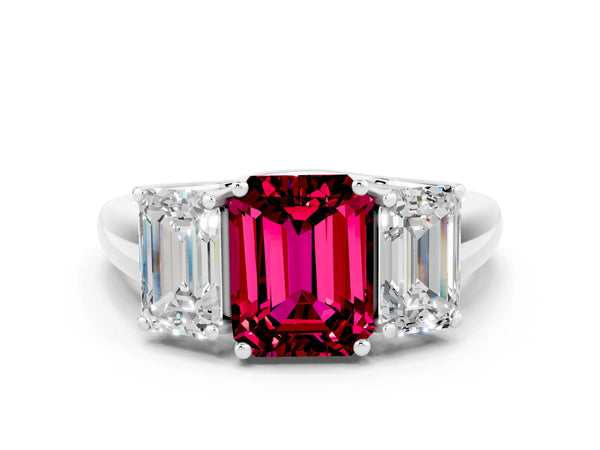 Silver Three-Stone Emerald Cut Garnet Engagement Ring with Prong Setting