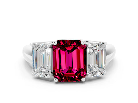 White gold Three-Stone Emerald Cut Garnet Engagement Ring with Prong Setting