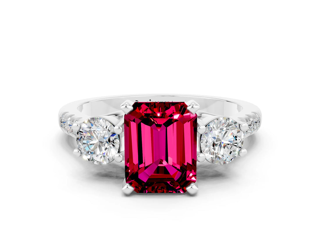 White gold Three-Stone Emerald Cut Garnet Pavé Band with Four-Prong Setting