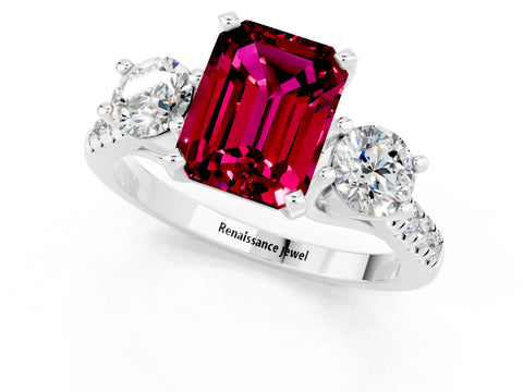 White gold Three-Stone Emerald Cut Garnet Pavé Band with Four-Prong Setting_1