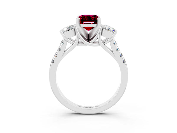 White gold Three-Stone Emerald Cut Garnet Pavé Band with Four-Prong Setting