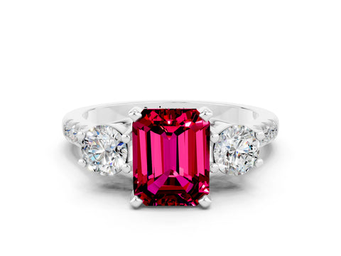 White gold Three-Stone Emerald Cut Garnet Pavé Band with Four-Prong Setting