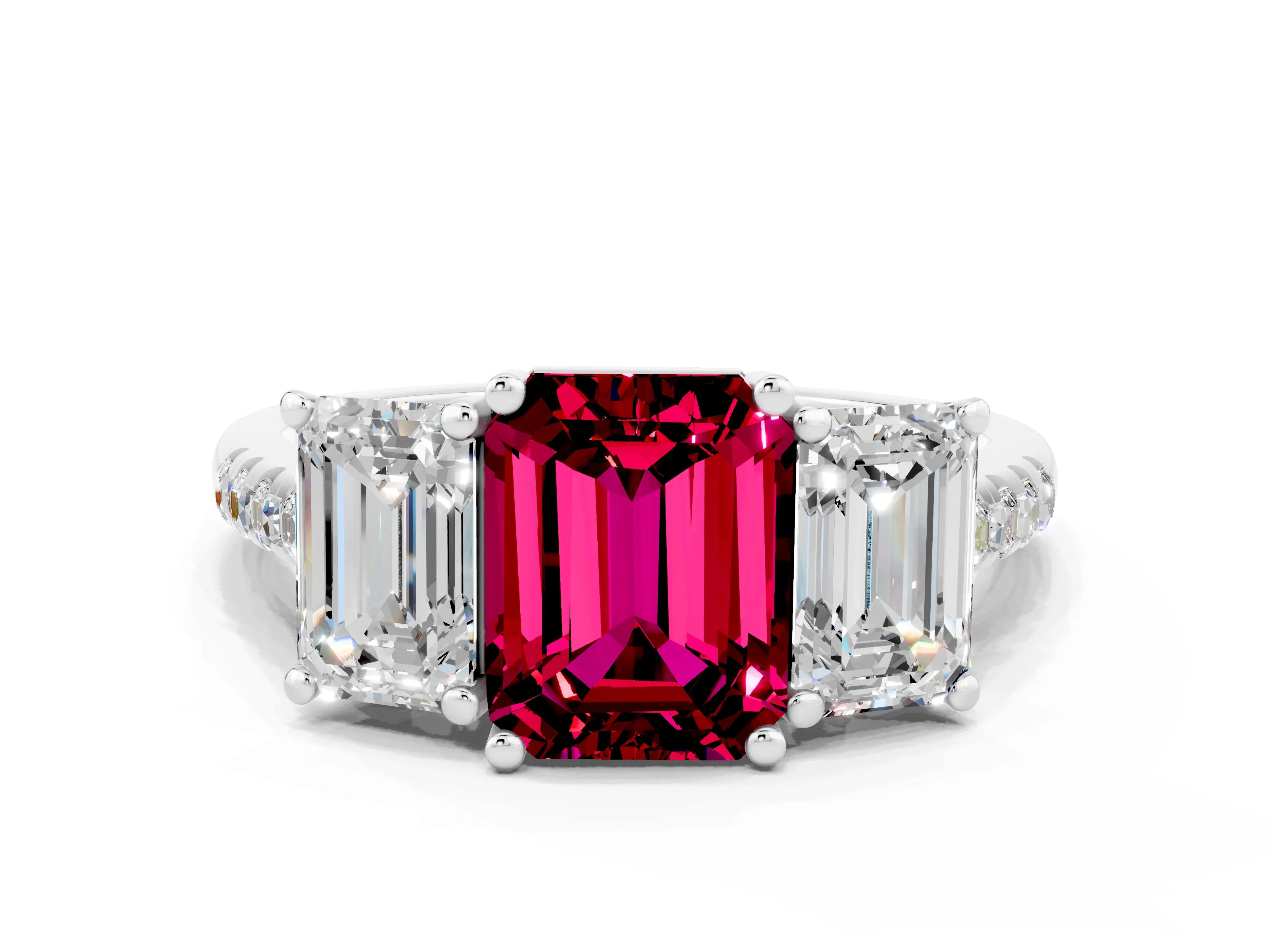 White gold Three-Stone Emerald Cut Garnet Ring with Pavé Band and Prong Setting_12