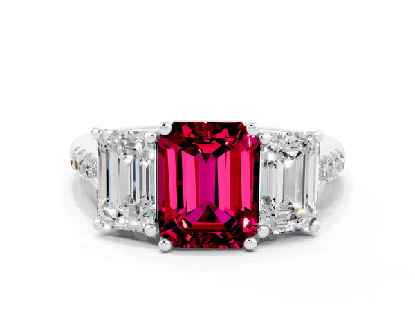 Silver Three-Stone Emerald Cut Garnet Ring with Round  Pavé Band and Prong Setting