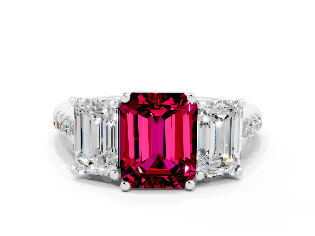 White gold Three-Stone Emerald Cut Garnet Ring with Pavé Band and Prong Setting_12