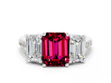 White gold Three-Stone Emerald Cut Garnet Ring with Pavé Band and Prong Setting_12