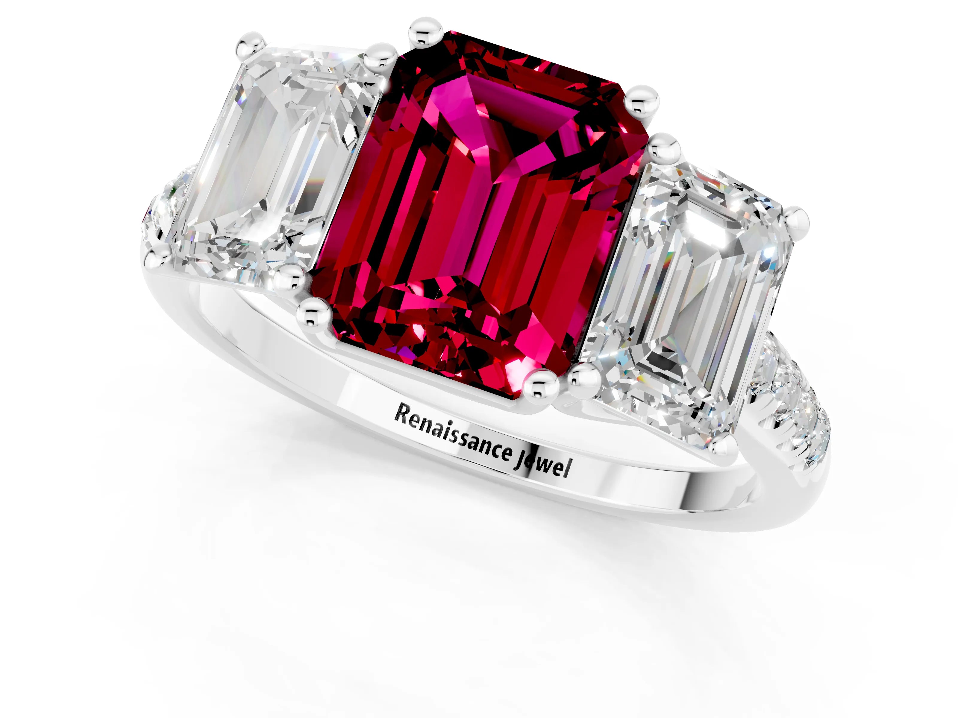 White gold Three-Stone Emerald Cut Garnet Ring with Pavé Band and Prong Setting_13
