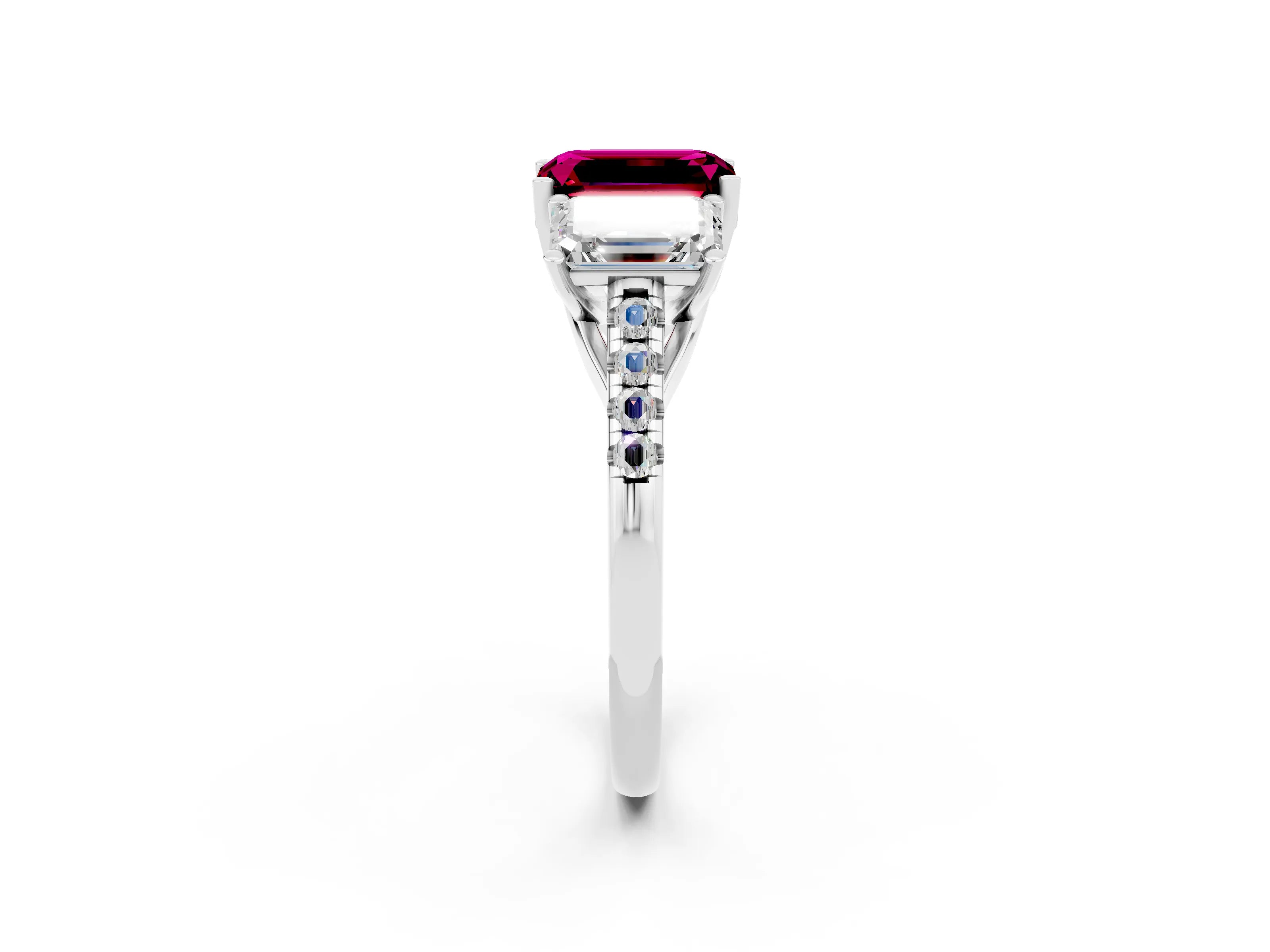 White gold Three-Stone Emerald Cut Garnet Ring with Pavé Band and Prong Setting_14