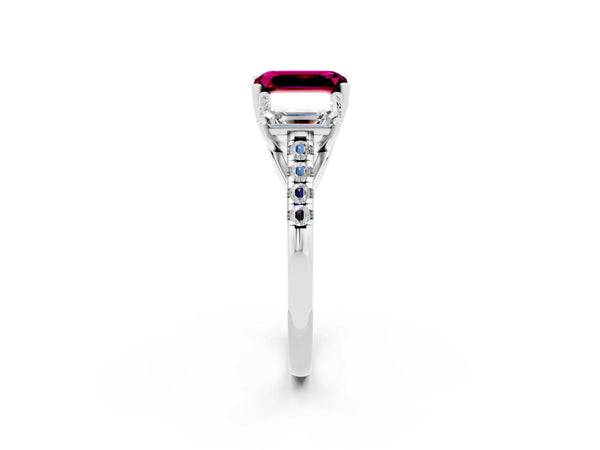 Silver Three-Stone Emerald Cut Garnet Ring with Round  Pavé Band and Prong Setting