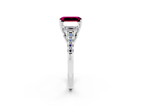 White gold Three-Stone Emerald Cut Garnet Ring with Pavé Band and Prong Setting_14