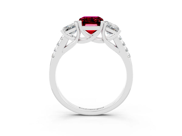 Platinum Three-Stone Emerald Cut Garnet Ring with Round  Pavé Band and Prong Setting