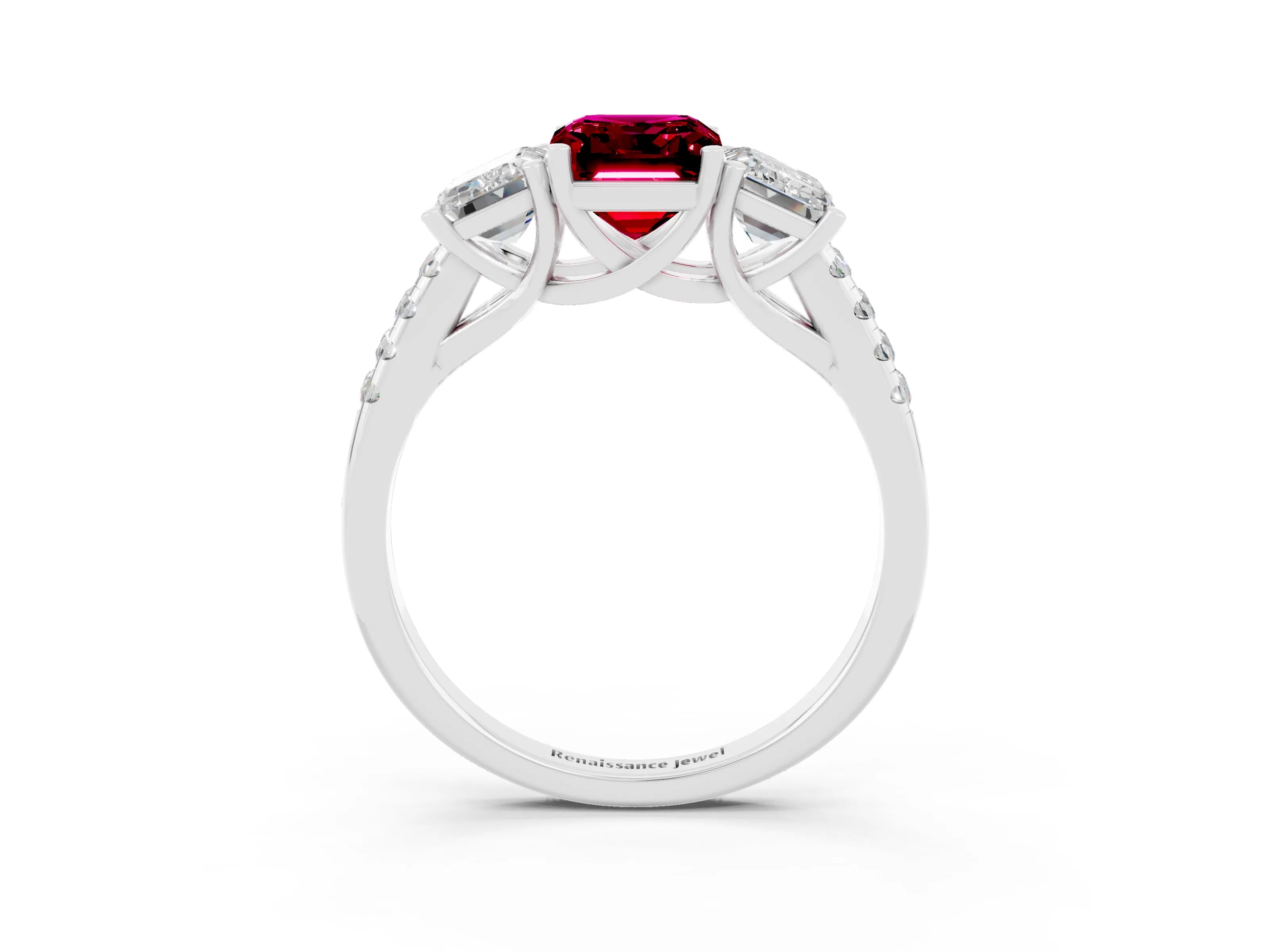White gold Three-Stone Emerald Cut Garnet Ring with Pavé Band and Prong Setting_15