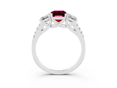 White gold Three-Stone Emerald Cut Garnet Ring with Pavé Band and Prong Setting_15