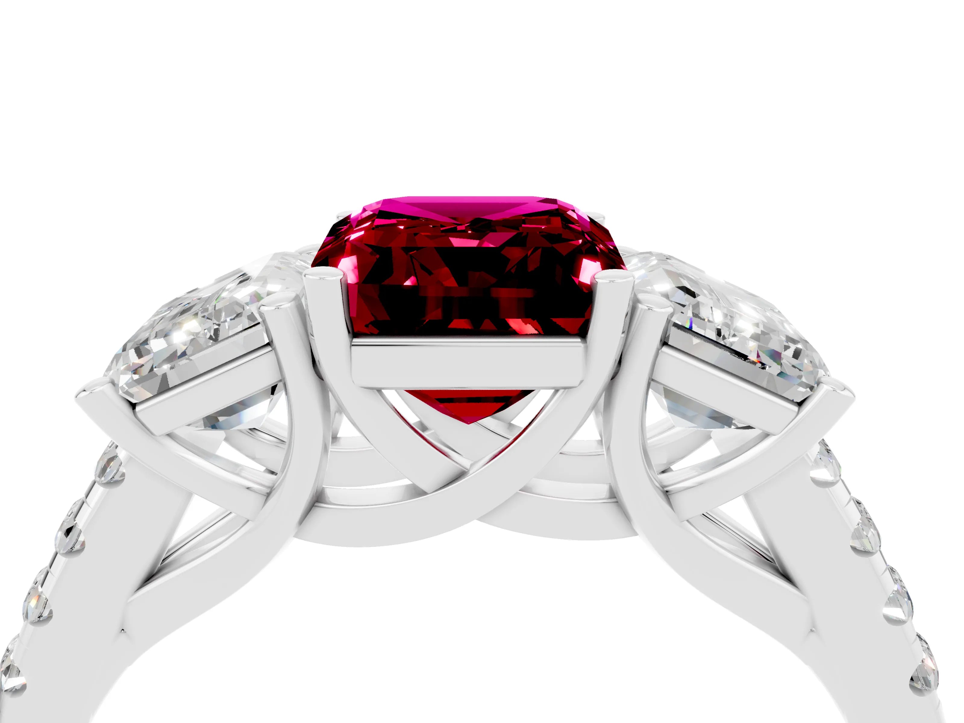 White gold Three-Stone Emerald Cut Garnet Ring with Pavé Band and Prong Setting_16