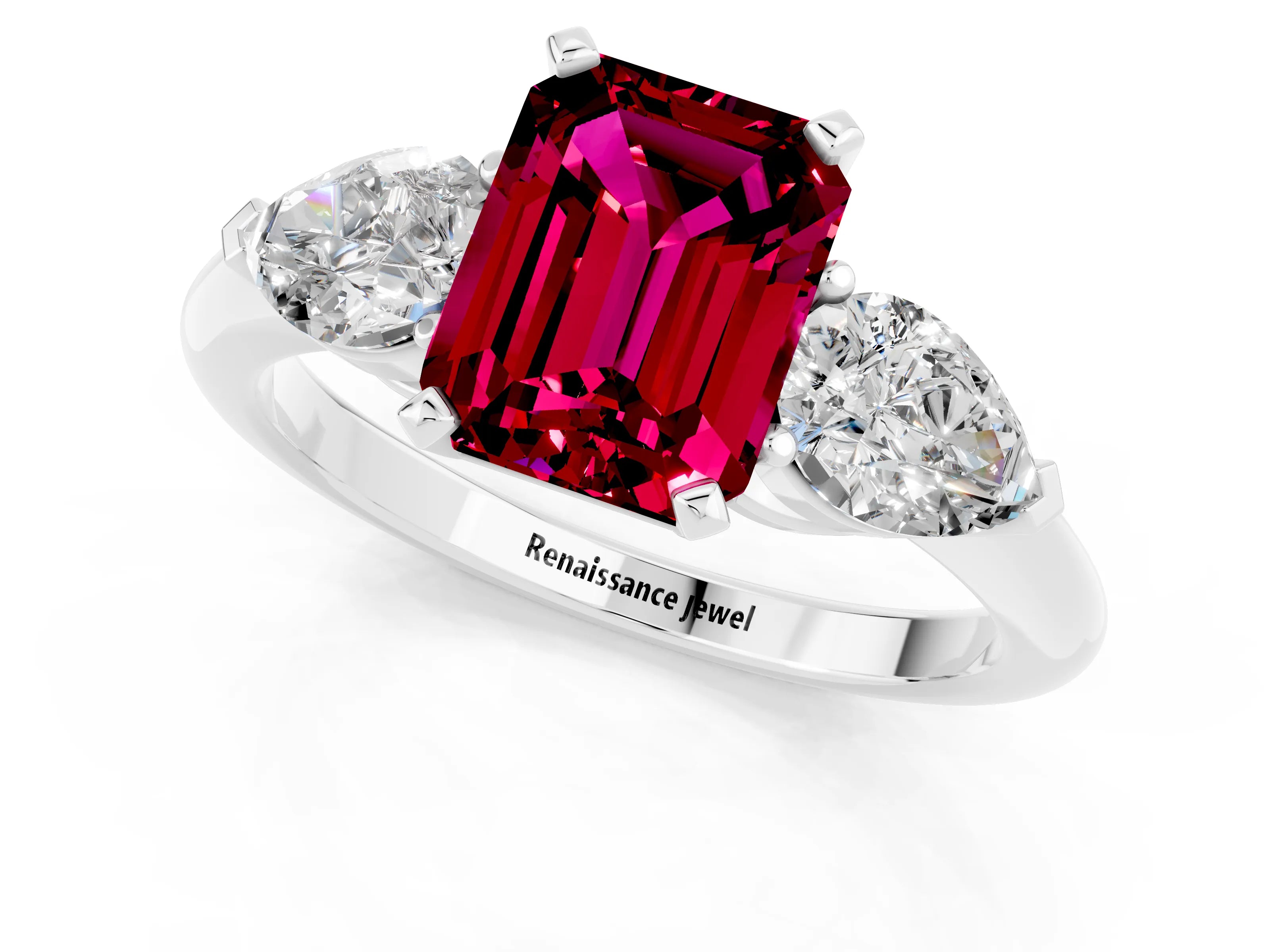 White gold Three-Stone Emerald Cut Garnet Ring with Pear Side Stones and Four-Prong Setting_1