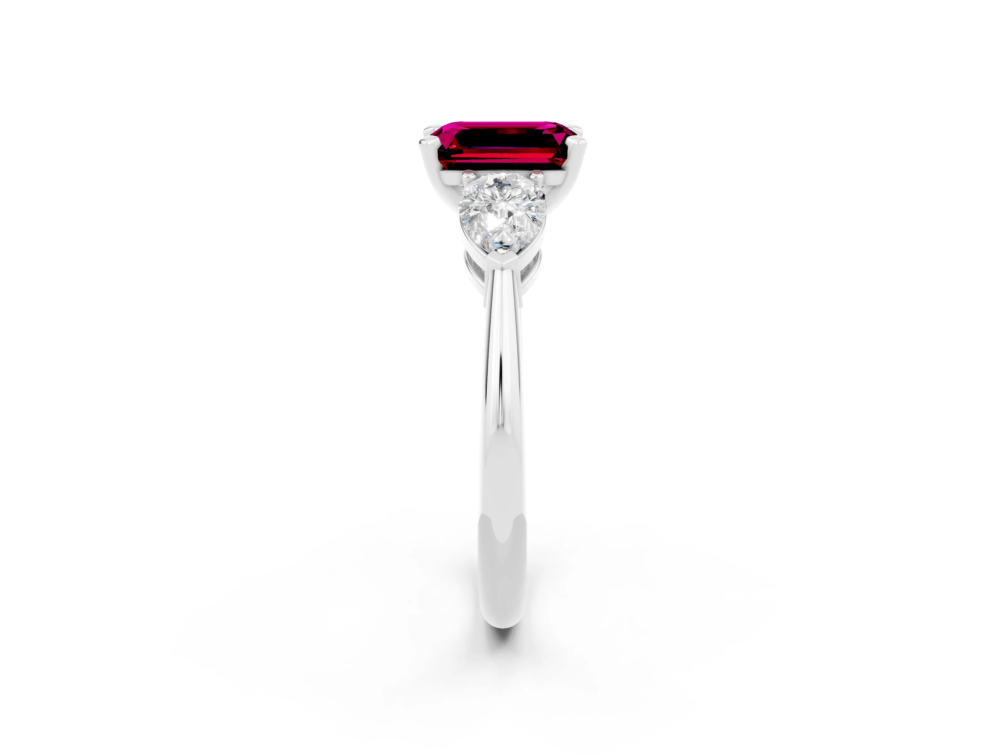 White gold Three-Stone Emerald Cut Garnet Ring with Pear Side Stones and Four-Prong Setting_2