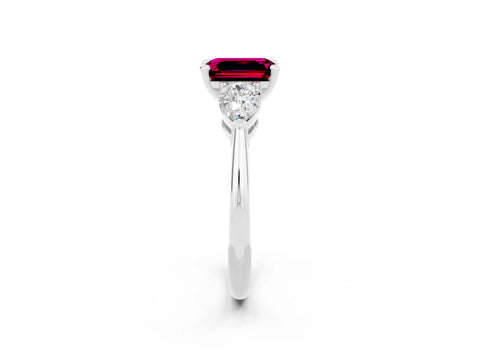 White gold Three-Stone Emerald Cut Garnet Ring with Pear Side Stones and Four-Prong Setting_2