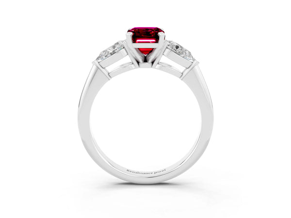 White gold Three-Stone Emerald Cut Garnet Ring with Pear Side Stones and Four-Prong Setting